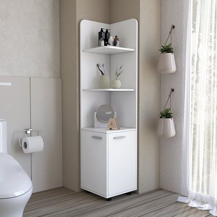 Latitude Run® Freestanding Bathroom Cabinet | Wayfair Corner Linen Cabinet, White Bathroom Storage Cabinet, Bathroom Cabinet With Drawers, Small Bathroom Storage Cabinet, Toilet Cabinet, White Bathroom Storage, Freestanding Cabinet, Bookshelf Cabinet, Bathroom Shelving