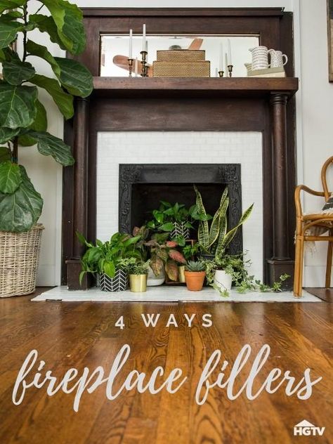 No Fire? No Problem! 4 Ways to Style Your Unused Fireplace Fireplace Filler Ideas, Fireplace Plants, Fireplace Filler, Faux Foyer, Empty Fireplace Ideas, Empty Fireplace, Unused Fireplace, Fake Fireplace, Fireplace Cover