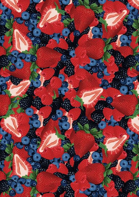 Vibrant illustrated overlapping strawberries, raspberries, blueberries and blackberries repeat pattern for conceptual juice packaging design. Berries Repeat Pattern, Repeat Pattern Illustration, Blackberries Wallpaper, Aesthetic Berries, Berries Illustration, Juice Packaging Design, June Bujo, Berry Wallpaper, Berries Art