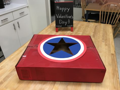 Our Captain America Valentine’s Day box. Captain America Valentine Boxes For Boys, Valentine Boxes For Boys, Capt America, Schoolhouse Rock, Valentine Boxes, Valentines Box, School House Rock, Valentine Box, School Projects