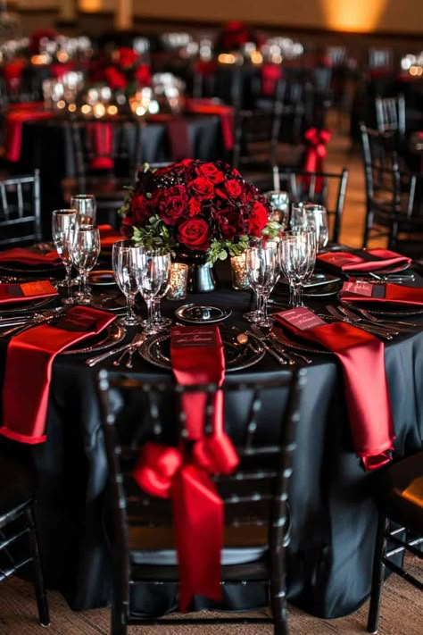 Autumn Elegance: 28 Breathtaking Fall Wedding Centerpieces • Black And Red Wedding, Gothic Wedding Theme, Blue Hydrangea Wedding, Black Red Wedding, Red Wedding Decorations, Red Wedding Theme, Quince Decorations, Red Rose Wedding, Pink Wedding Cake