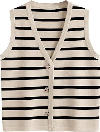 LILLUSORY Vest for Women Striped Dressy Tops Cropped Tank Tops 2024 Summer Sleeveless Button Up Cardigan Sweater Vests Sweater Vests For Women, Work Tank Tops, Striped Sweater Vest, Vest Style Women, Striped Vest, Vests For Women, Woman Vest, School Halloween, Vest For Women