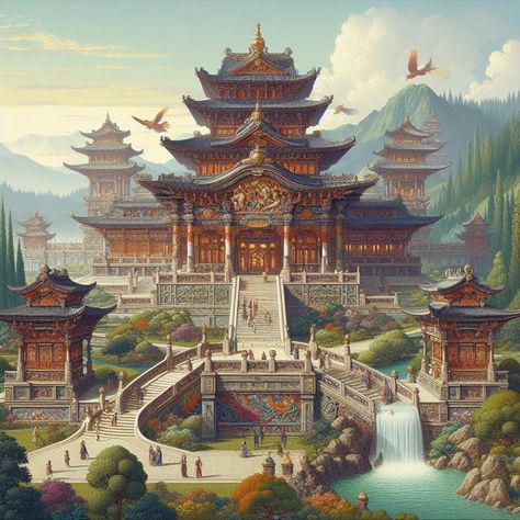 Dragon Palace Fantasy Art, Chinese Castle Fantasy Art, Japanese Fantasy Castle, Chinese Palace Fantasy Art, Japanese Castle Art, Asian Castle, Chinese Castle, Asian Palace, Japanese Palace