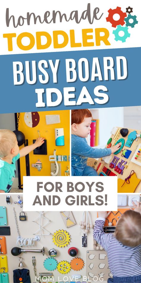 Collage of DIY toddler busy board ideas for boys and girls. Diy Toddler Busy Board, Busy Toddler Activities, Busy Board Ideas, Diy Busy Board, Diy Sensory Board, Toddler Busy Board, Toddler Activity Board, Busy Board Baby, Baby Mirror