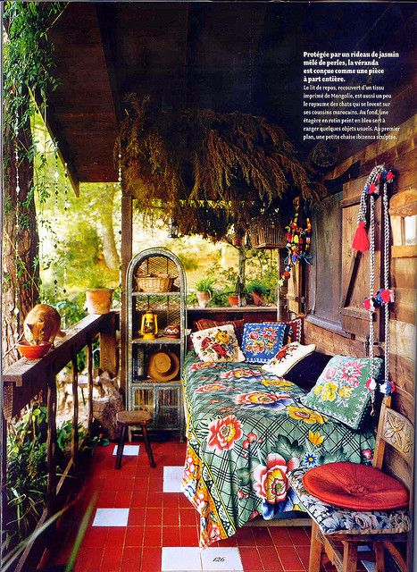 Bohemian Love via @bridescafe. this delights me, but all the busy would make my husband's eyes cross. sorta perfect for a Mama Porch, though! Bohemian Porch, Porch Nook, Bohemian Patio, Sleeping Porch, Bohemian Interior, Boho Room, Pool Design, Style At Home, Bohemian Home