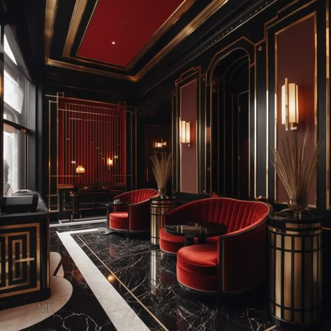 Midjourney V5 by DJMK Gothic Art Deco, Red Interior Design, Red Hotel, Home Design Bedroom, Home Decor Videos, Hotel Lobby Design, Entrance Decoration, Art Deco Interior Design, Luxury Bar