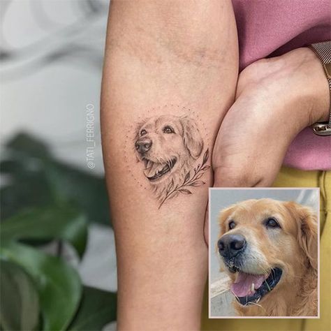 Dog Tattoo Ideas Memorial Golden Retriever, Golden Retriever Portrait Tattoo, Dog With Halo Tattoo, Fine Line Pet Portrait Tattoo, Dog Portraits Tattoo, Tattoo Of Dog Memory, Yellow Lab Tattoo Ideas, Small Pet Portrait Tattoo, Dog Heaven Tattoo