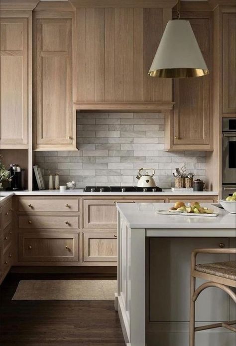 Modern Wood Cabinets Kitchen Natural, Rye Cabinets Kitchen, Dark Kitchen Wood Floors, Dark Wood Floor Light Wood Cabinets, Light Wood Stained Cabinets, French Oak Cabinets, Lighter Wood Kitchen Cabinets, Two Tone Maple Kitchen Cabinets, White Oak Kitchen Cabinets Dark Floors