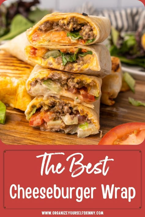 This cheeseburger wrap is filled with juicy ground beef, melted cheese, and all your favorite hamburger toppings. Adding it to the grill for a few minutes will add crunch to the burrito style burger giving it a delicious crunch wrap flavor! Once you serve this grilled tortilla burger wrap to your family, they will ask for it every night! The best healthy burger wrap recipe! Tortilla Burger, Clean Eating Meal Prep Recipes, Cheeseburger Wrap, Hamburger Toppings, Cheeseburger Wraps, Burger Wrap, Clean Dinner Recipes, Clean Eating Meal Prep, Recipes For The Week