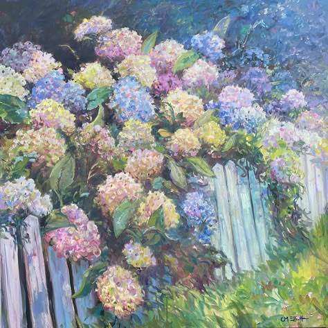 Hydrangeas on Fence by catherine m elliott, 30 x 30 Spring Landscape Paintings, Hyacinth Painting, Hydrangea Field, Hydrangea Drawing, Hydrangea Paintings, Hydrangea Aesthetic, Hydrangea Artwork, Plants Reference, Art For Friends