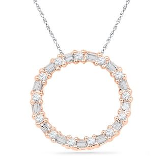 Endlessly elegant, this diamond pendant is a stylish look she's certain to adore. Created in precious 10K rose gold, this circle-shaped design is set with alternating round and baguette-cut diamonds that have no beginning and no end. A look she'll treasure forever, this pendant captivates with 1/5 ct. t.w. of diamonds and a polished shine. The look suspends along an 18.0-inch rope chain that secures with a spring-ring clasp. Necklace Set Gold, Creative Necklace, Diamond Circle Pendant, Delicate Gold Necklace, Diamond Pendants Designs, Dainty Diamond Necklace, Diamond Bling, Pendant Sets, Diamond Jewelry Necklace