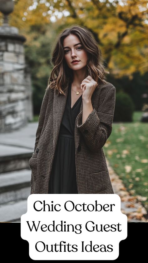 A woman in a chic fall wedding guest outfit, wearing a cozy jacket over a stylish dress, perfect for an October celebration. Fall Wedding Guest Dress With Sweater, Outfits For A Wedding Guest Winter, What To Wear To A Cold Wedding, Wide Leg Wedding Outfit, Sophisticated Wedding Guest Outfit, Nov Wedding Guest Outfit, Wedding Guest Outfit Inspiration Fall, Dress To Wear To Fall Wedding, Fall Wedding Guest Skirt Outfit