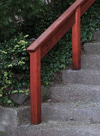 Outside Stair Railing, Step Railing Outdoor, Porch Step Railing, Exterior Stair Railing, Porch Handrails, Wood Railings For Stairs, Exterior Handrail, Outside Stairs, Outdoor Handrail