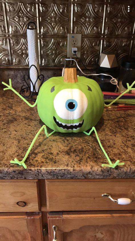 Pumpkin Painting Ideas Mike Wazowski, Pumpkin Mike Wazowski, Mike Wazowski Pumpkin Painting, Painted Character Pumpkins, Kids Pumpkin Decorating Contest, Frog Pumpkin Painting, Monster Inc Pumpkin, Mike Wazowski Pumpkin Carving, Story Book Character Pumpkin Ideas