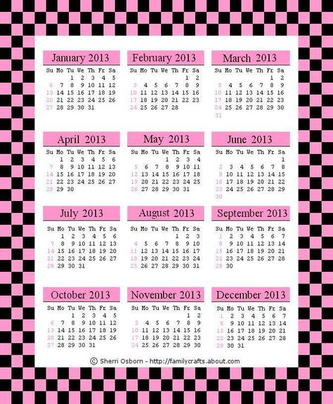 2013 Calendar 2013 Calendar, Calendar Pages, Black And Pink, Checks, Pink, Black