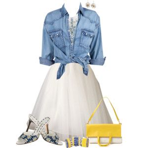 Denim Shirt & White Tulle Skirt Denim Themed Party, Denim And Diamonds Party Outfit, Denim Wedding Dresses, Denim Party Outfit, Diamonds And Denim Party, White Denim Outfit, Denim And Pearls, Tutu Skirt Women, White Party Outfit