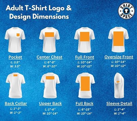 How to Place a Logo on a Shirt | ShirtSpace Where To Place Logos On Tshirts, Size Of Designs On Shirts, Where To Place Decals On Shirts, Logos On Shirts, Vinyl Placement On Back Of Shirt, Work Shirts With Logo, Name On Back Of Shirt Placement, Image Placement On Shirt, Vinyl Placement On Shirts