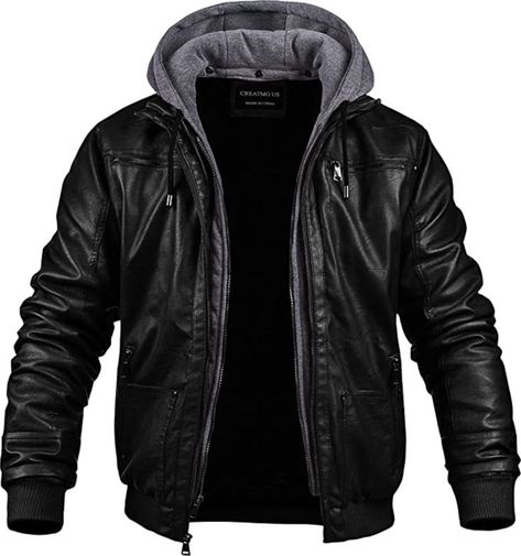 Men's Faux Leather Jacket Motorcycle Jacket Waterproof Windproof PU Moto Outerwear Vintage Bomber Hoodie with Removable Hood Modern Hood, Faux Leather Jacket Men, Classic Leather Jacket, Leather Jacket With Hood, Aesthetic Grunge Outfit, Grunge Outfit, Leather Clothes, Leather Jacket Style, Suits And Jackets