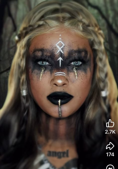 Viking Makeup Wedding, Viking Bridal Makeup, Druid Face Paint, Viking Healer Woman, Valkyrie Face Paint, Barbarian Woman Makeup, Viking Bride Makeup, Warrior Queen Makeup, Woad Face Paint