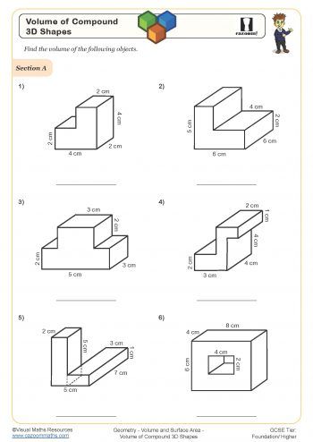 Volume of Compound 3D shapes Worksheet Volume Of 3d Shapes, Surface Area And Volume, Composite Shapes, 3d Shapes Worksheets, Volume Worksheets, Area Worksheets, Math Signs, Math Lab, Math Patterns