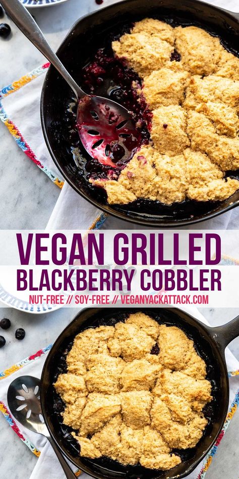 No need to heat up your kitchen with the oven this summer, make this Grilled Blackberry Cobbler. A fluffy biscuit topping, fresh berries, and super delicious; plus, vegan! Vegan Blackberry Cobbler, Vegan Crisp, Vegan Grilling Recipes, Zucchini Pommes, Vegan Summer Recipes, Blackberry Cobbler, Vegan Grilling, Vegan Bbq, Blueberry Cobbler