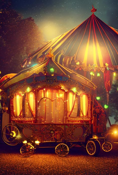 ✨Steampunk circus fantasy caravan at night, tent #digitalart Spooky Carnival Aesthetic, Fantasy Carnival Art, Circus Fantasy Art, Victorian Circus Aesthetic, Circus Carriage, The Night Circus Aesthetic, Fantasy Caravan, Fantasy Tent, Dnd Circus