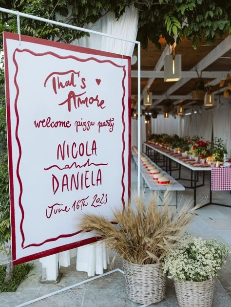 Welcome Party Decor, Pizza Wedding, Party Decor Inspiration, Rehearsal Dinner Welcome Sign, Wedding Welcome Party, Italian Party, Italian Theme, Welcome Dinner, Bridal Shower Inspo