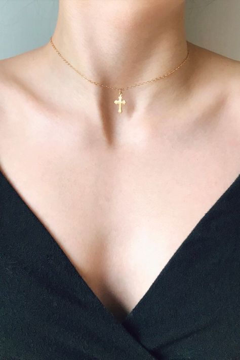 Cross Choker Necklace, Tiny Cross Necklace, Dainty Cross Necklace, Cross Choker, Tiny Cross, Gold Necklace Simple, Dainty Choker, Chocker Necklace, Gold Cross Necklace