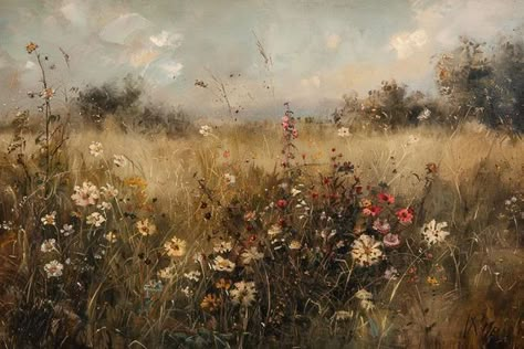 Vintage Style Artwork, Old English Paintings, Vintage Art Horizontal, Vintage Garden Painting, Landscape Vintage Painting, Nature Paintings Aesthetic, Vintage Scenery Painting, Muted Color Painting, Old Time Paintings