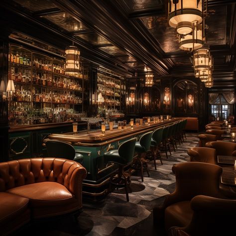 Modern Speakeasy Bar, Old Style Bar Design, Rich Bar Aesthetic, Art Deco Ceilings, 1950s Speakeasy, Vintage Restaurant Interior Design, Speakeasy Decor Interior Design, Gentlemens Club Aesthetic, Fancy Bar Aesthetic