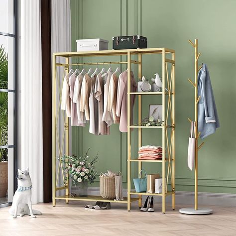 Gold Clothing Rack, Clothing Rack With Shelves, Decorate Airbnb, Ramadan Event, Industrial Clothing Rack, Standing Clothes Rack, Rolling Clothes Rack, Industrial Clothing, Free Standing Closet