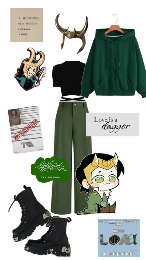 Loki for all times Comic Inspired Outfits, Loki Casual Outfit, Loki Headpiece Diy, Loki Diy Costume Women, Loki Core Aesthetic, Loki Inspired Outfit Casual, Marvel Inspired Outfits Casual, Marvel Themed Outfits, Loki Diy Costume