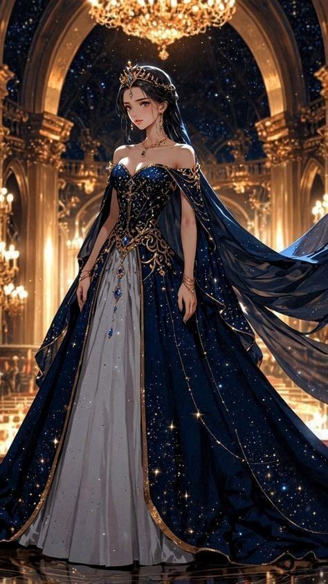 Anime Dress Design Beautiful, Blue Fantasy Gown, Fantasy Gowns Queens, Mooncore Outfits, Anime Gown, Fantasy Dress Queens, Beautiful Gowns Princesses, Fantasy Princess Outfit, Fantasy Princess Dress