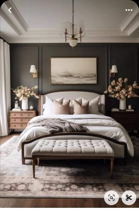 Walnut Floors Bedroom, Master Bedrooms Modern Cozy, Bedroom Inspirations With Carpet, Master Bedrooms Black And White, Inviting Guest Bedroom, Cream Bedroom Black Accents, Contemporary Transitional Bedroom, Peak Ceiling Bedroom, Master Bedrooms Rustic Modern