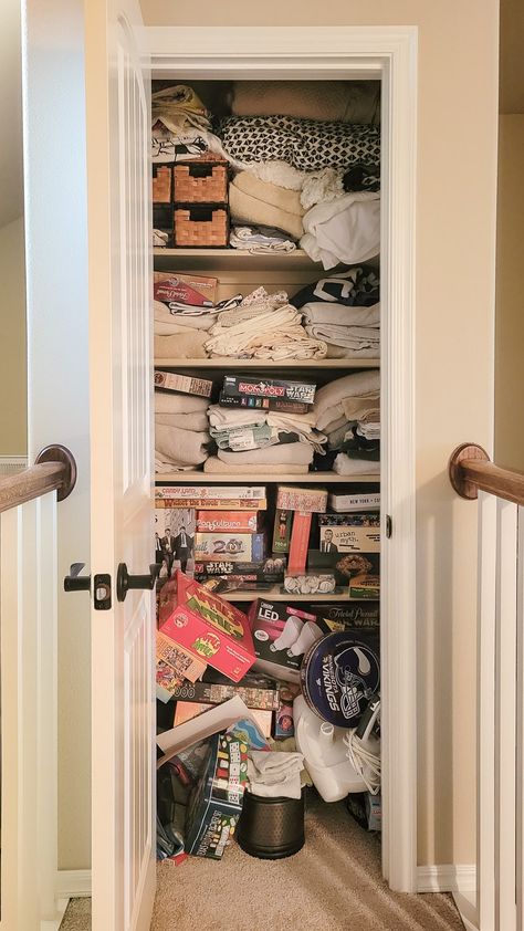 Organizing Deep Closets, Game Storage Closet, Big Closet Organization, Game Closet Organization, Small Deep Closet, Hall Closet Organization, Game Closet, Storage Closet Shelving, Small Linen Closets