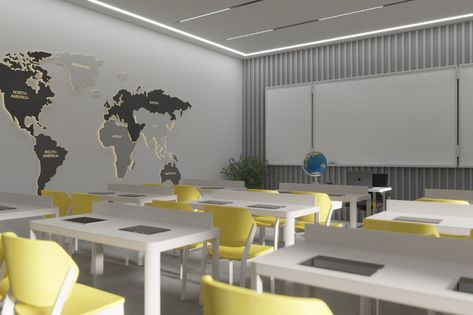 Modern School Classroom Design, Classroom Interior Design Modern, Modern Classroom Interior, School Classroom Interior, Smart Classroom Interior, Classroom Modern Design, Geography Room, Smart Classroom, Modern High School Classroom Design