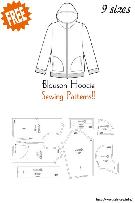 This is the pattern of Blouson Hoodie. inch size(letter size) Children's-4,8,10/Ladies'-S,M,L,LL/Men's-L,LL cm size(A4 size) Children's-100,120,140/Ladies'-S,M,L,LL/Men's-L,LL Added the number of fabric meters required for each size Hoodie Jacket Pattern, Hoodie Sewing Pattern Free, Hooded Jacket Pattern, Hoodie Sewing, Hoodie Sewing Pattern, Free Sewing Patterns, Free Pdf Sewing Patterns, Hoodie Pattern, Jacket Pattern Sewing