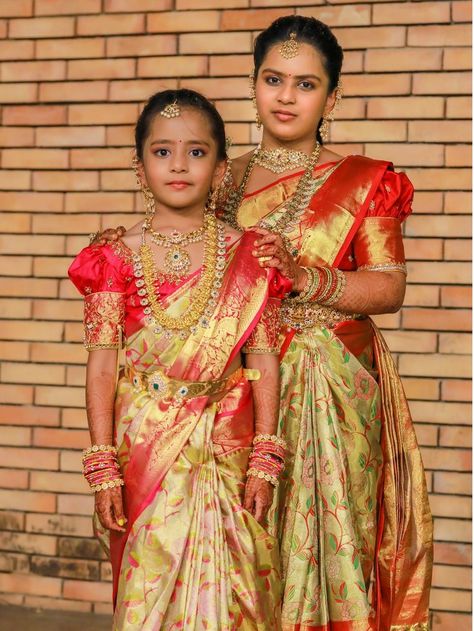 Nishka and Shika Saree ceremony Sisters have a unique bond like no other. #sareeceremony #halfsaree #halfsareeceremony #traditional #traditionalphotography #halfsaree #sareeceremony #kkluckyphotography Half Saree Look, Half Saree Ceremony, Saree Ceremony, Saree Function, Half Saree Function, Look Board, Half Sarees, Kids Designer Dresses, Blouse Hand Designs