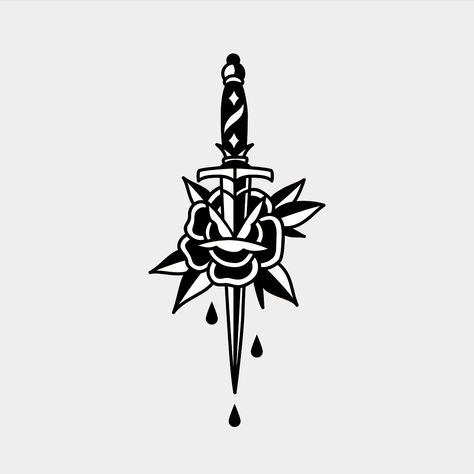 Knife And Rose Tattoo, Dagger Tattoo Design, Rose And Dagger Tattoo, Dagger Design, Traditional Dagger Tattoo, Traditional Tattoo Drawings, Rose And Dagger, Knife Tattoo, Traditional Tattoo Sleeve