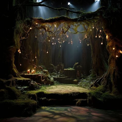 Woodland Set Design, Forest Stage Set, Enchanted Forest Stage Design, Forest Theme Ganpati Decoration, Theatrical Set Design, Forest Stage Design, Forest Set Design, Into The Woods Aesthetic, Forest Exhibition