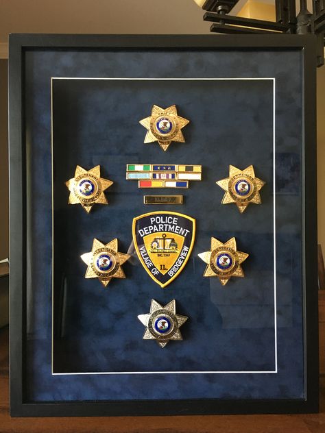 Police Badge Shadow Box Police Badge Display Ideas, Police Shadow Box Ideas, Badge Display, Law Enforcement Badges, Police Badges, Jewelry Display Ideas, Shadow Box Ideas, Framing Ideas, Police Badge