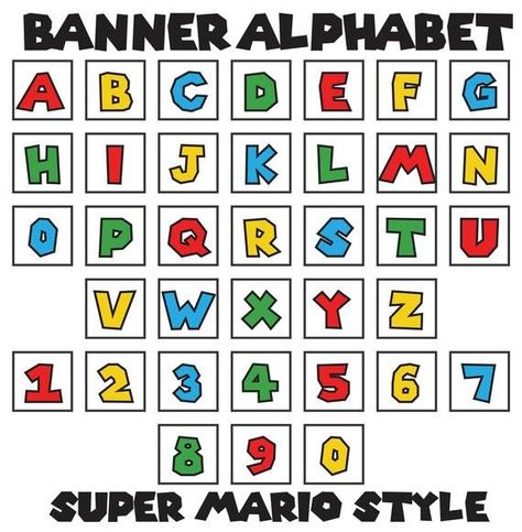 Mario style - Letters A-Z, Numbers 0-9 - Set of 36 Banner Flags 7.5" Square - Printable PDF, Instant Download - TSgos.com Mario Dollhouse, Mario Brothers Birthday Party, Mario Crafts, Square Printables, Super Mario Bros Birthday Party, Mario E Luigi, Super Mario Bros Party, Mario Cake, Mario Bros Birthday