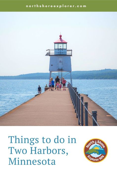 Discover things to do in Two Harbors Minnesota. The picture is of 7 walking on the breakwater with the lighthouse behind them. Lake Superior is surronding them. Two Harbors Minnesota, Two Harbors Mn, North Shore Minnesota, Bay Watch, To The Lighthouse, Two Harbors, Minnesota Travel, Lake Superior Agates, Scenic Railroads