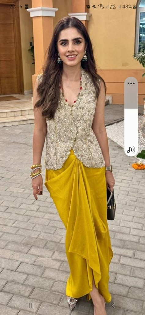 Indian Fusion Wear Women, Draped Skirt Outfit Western, Drape Skirt Outfit Indian, Fusion Indian Wear, Haldi Dhoti Outfit, Draped Skirt Indian Outfit, Blouse For Heavy Arms, Designer Indowestern Dresses For Women, Ethnic Fusion Outfits