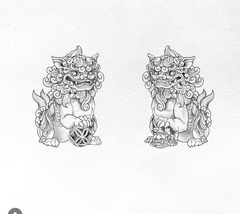 Pixiu Chinese Drawing, Chinese Lion Dog Tattoo, Fu Dog Tattoo Design Half Sleeves, Shi Shi Dog Tattoo, Dancing Lion Tattoo, Cute Foo Dog Tattoo, Komainu Tattoo Design, Chinese Lion Tattoo Foo Dog, Female Foo Dog Tattoo