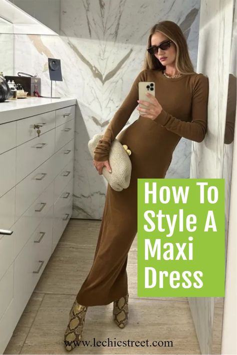 How To Style A Maxi Dress. Maxi dress outfit are great for maxi dress outfit summer or maxi dress outfit fall. It is a great dress that has a great chic dress aesthetic. The dress aesthetic can be worn in all types of weather. Check out maxi dresses outfit that are for maxi dress casual outfit or even dressed up. #maxidressoutfit #maxidresscasualoutfit #dresses #dressaesthetic #maxidressesoutfit Knitted Maxi Dress Outfit, Shoes To Wear With A Maxi Dress, Leopard Maxi Dress Outfit, Fall Maxi Dress With Boots, How To Style A Maxi Dress For Winter, Sweater Over Maxi Dress Outfit, Sweater Maxi Dress Outfit, Brown Long Dress Outfit, Long Brown Dress Outfit