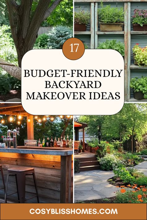 Explore 4 vibrant images depicting 17 budget-friendly backyard makeover ideas including a hammock nook and shutter herb garden perfect for transforming your outdoor space. Diy Backyard Oasis On A Budget, Inexpensive Backyard Ideas Diy, Rental Backyard Ideas, Renovation Ideas On A Budget, Backyard Makeover Ideas, Inexpensive Backyard Ideas, Apartment Ideas Living Room, Affordable Backyard Ideas, Backyard Renovation