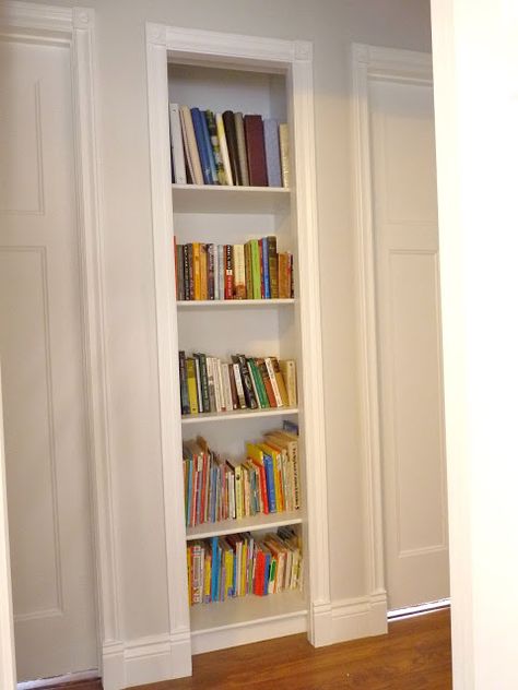 Love this idea of a built-in bookshelf in a hallway. We have so many books and not enough storage- this would be pretty easy to do! Closet Bookshelf, Home Library Diy, Closet Library, Closet Bookshelves, Hallway Closet, Small Hall, Closet Built Ins, Bookshelf Storage, Build A Closet