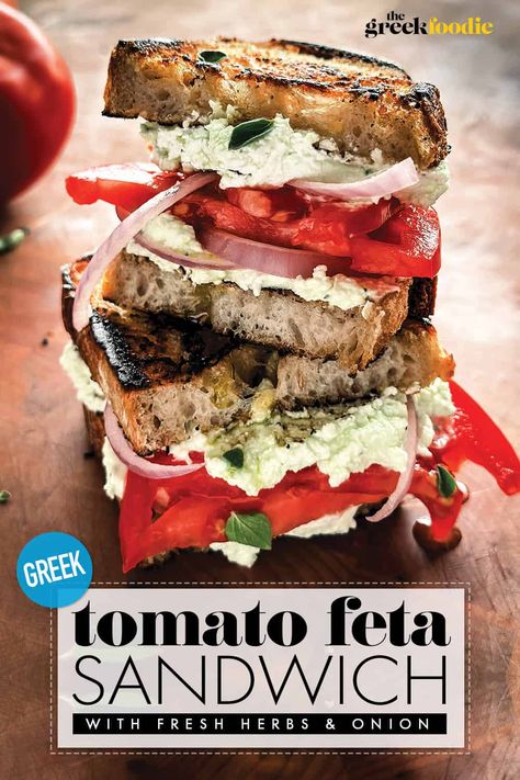 Greek Tomato Sandwich With Feta Peasant Salad, Feta Sandwich, Whipped Feta Cheese, Easy Sandwiches, Blt Dip, Tomato And Feta, Best Pasta Dishes, Summer Eats, Greek Lemon Chicken