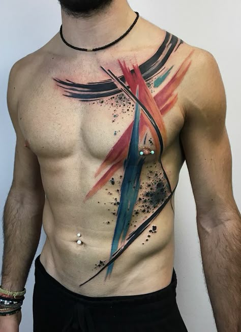 Chest Tattoo Abstract, Watercolour Tattoo Men, Art Personality, Tatuaje Trash Polka, Rib Tattoos For Guys, Trash Polka Tattoos, Tattoo Trash, Modern Art Tattoos, Brush Tattoo